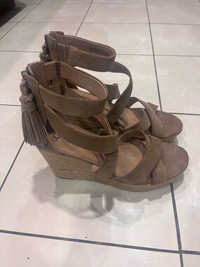 UGG Tan Suede Wedge Sandals with Tassel Ankle Wrap Size 10